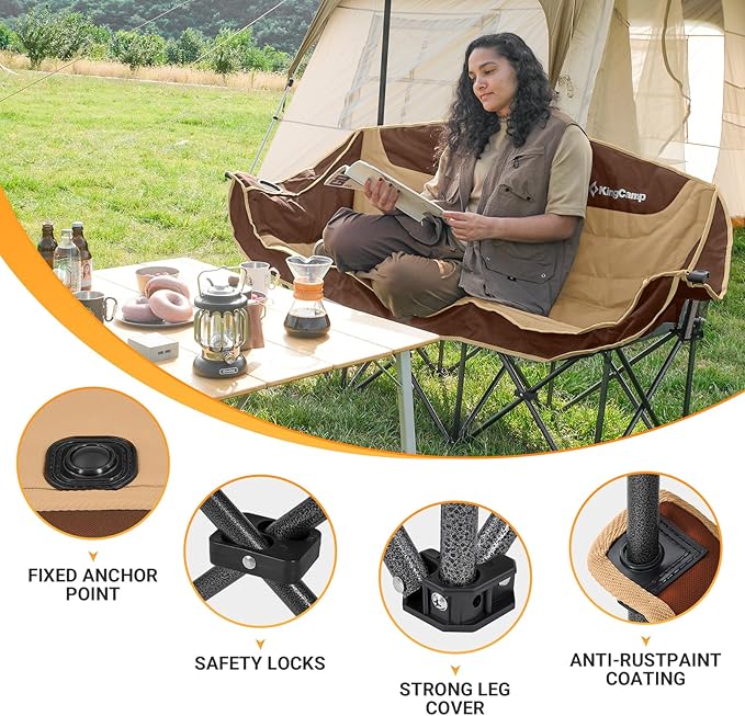 KingCamp 3 Person Camping Chair, Oversized 1100lbs Heavy Duty Loveseat for Adults Portable Folding XL 2 Person Couch Padded Comfortable Three Seat with Cup Holder for Outdoor Lawn, Khaki/Coffee