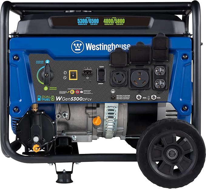 Westinghouse 6500 Watt Dual Fuel Home Backup Portable Generator, Transfer Switch Ready 30A Outlet, RV Ready 30A Outlet, CO Sensor