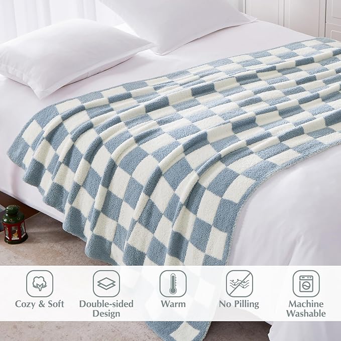 WRENSONGE Checkered Throw Blanket, Grey Blue Soft Cozy Fluffy Warm Hand Made Throw Blankets for Couch, Sofa, Chair, Bed, Camping, Picnic, Travel Lightweight Bed Blanket - 50"*60"