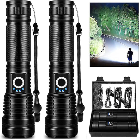 Lylting 2 Pack Rechargeable LED Flashlights High Lumens, 99,000LM Super Bright Adjustable Flashlight with USB Cable & 5 Modes, Waterproof Handheld Flashlight Powerful Flash Light for Home Camping
