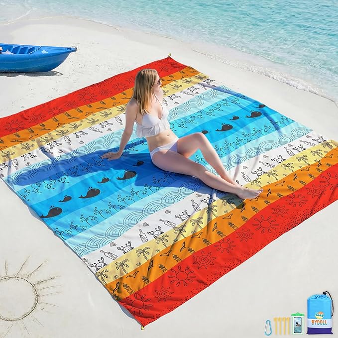 BYDOLL Beach Blanket Waterproof Sandproof Large Sand Free, 78''X81'' Oversized Sandless Lightweight Blanket Picnic Mat for Beach Travel Camping Hiking with Stakes