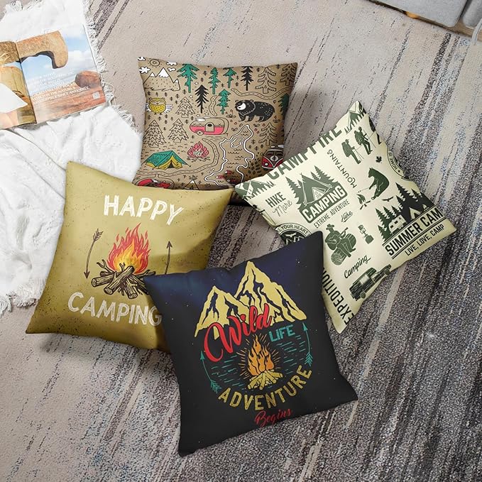 Emvency Set of 4 Throw Pillow Covers Camp with Mountain Campfire and Forest Camping Adventure Vintage Decorative Pillow Cases Home Decor Square 16x16 Inches Pillowcases