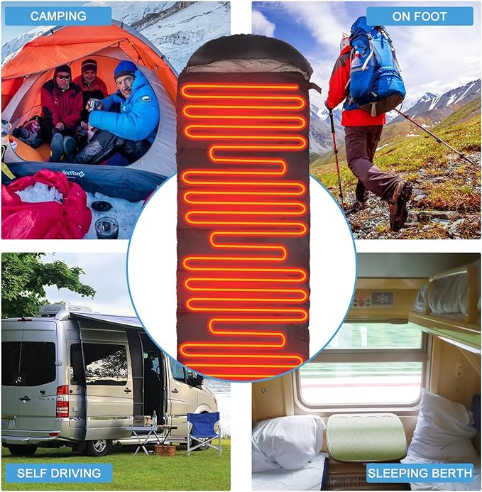 Longzhuo Heated Sleeping Bags for Adults Kids - Portable USB Power Warm Sleeping Bag for Camping with 4 Heating Zones, Cold Weather Sleeping Bag for All Season Camping Hiking Backpacking