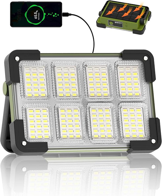 120W Solar Rechargeable Work Light, Portable Flood Light with Stand, 144 LED 10000LM Led Work Light with 4 Modes, IP66 Waterproof Outdoor Working Light for Emergency Repair Mechanic Camping