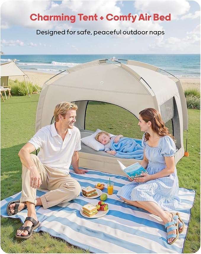 QPAU Inflatable Toddler Travel Bed with Tent – Lightweight Blow Up Kids Air Mattress with Hand Pump – Indoor & Outdoor Portable Sleeping Solution for Camping, Travel, Home, Grandma’s – Ages 3+