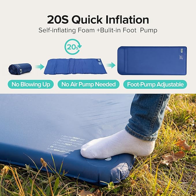 Memory Sleeping Pad, 3.1" Ultra-Thick Foam Sleeping Mat for Camping, Self-Inflating Sleeping Pad with Pillow, Quiet & 9.5 R-Value, 4-Season Camping Mattress Pad for Tent Car Travel (Dark Blue)