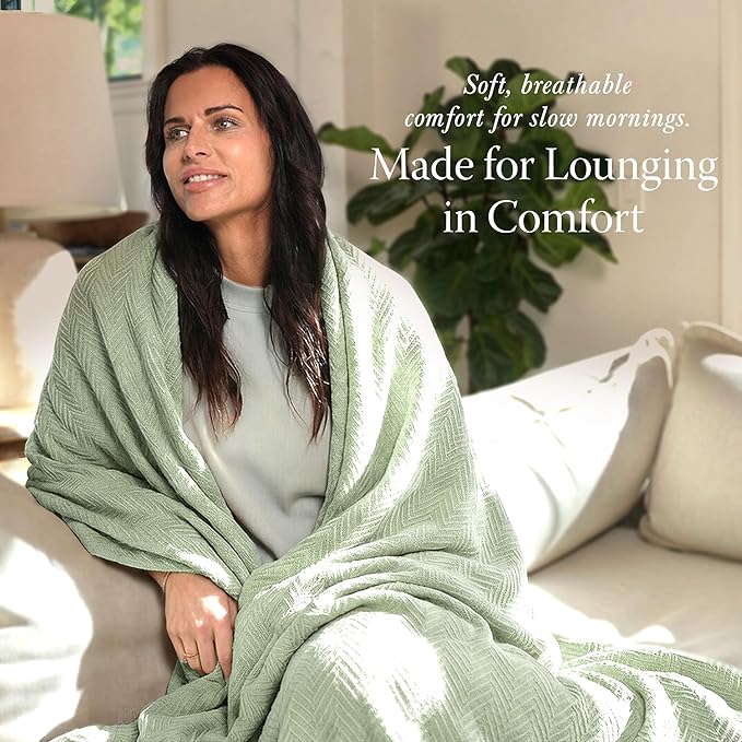 Threadmill Luxury Cotton Blankets for Twin Size Bed | All-Season 100% Cotton Twin Blanket for Bed | Herringbone Soft & Cozy Fall Thermal Blanket, 350GSM, 68x92 inches | Sage Green
