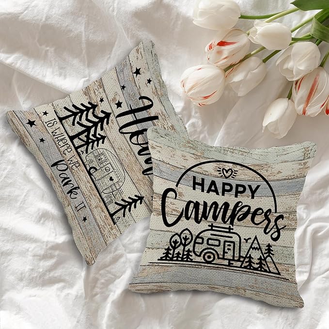 Sweet Camper Throw Pillow Case Set of 4, 18 x 18 Inch, Camping Gifts for Campers and Happy Campers