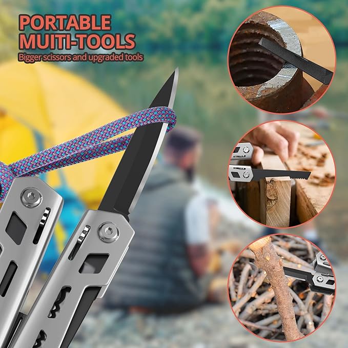 Multitool 17-in-1 Stainless Steel Multi Tool with Pocket Knife Needle Nose Pliers Bottle Opener Screwdriver Self-Locking Professional Multi-Tool for Outdoor Survival Gifts for Men((Silver)