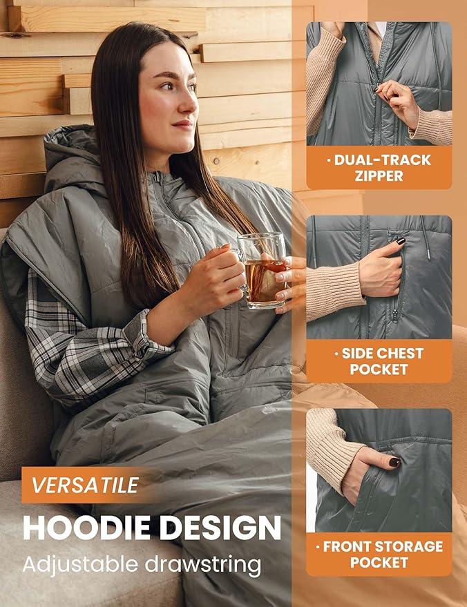 Adult Wearable Sleeping Bag with Hoodie, Sleeveless Design Adjustable Drawstring Waterproof Wearable Sleeping Bag Ideal for Camping, Cold Weather