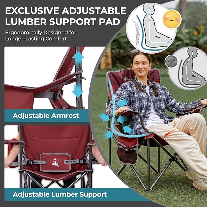 FUNDANGO Oversized Camping Chairs for Adults, Heavy Duty Fold Up Sports Games Lawn Chairs, Extra Wide Big Man Outdoor Chairs with Padded Lumbar Support Backrest, Bag Included for Camp, Beach, 2 Pack
