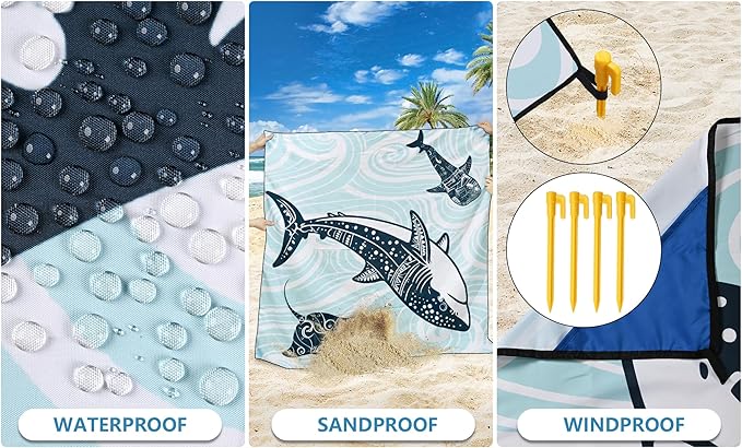 HIHOHO Beach Blanket Waterproof Sandproof Beach Mat 79”x 83” for 1-8 Adults Quick Drying Durable Outdoor Picnic Mat for Beach Festival Travel Camping Hiking (Shark, 79"×83"(4 Person))