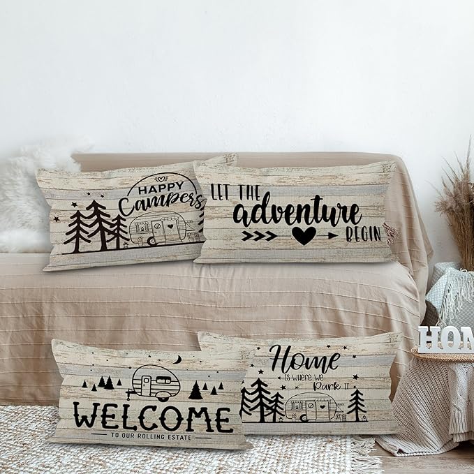 Camper Vintage Wood Linen Throw Pillow Case, 20 x 12 Inch Set of 4, Camping Lovers Gifts, Campers Gifts, Camper Decor, RV Decor, Welcome Lumbar Decor, Trailer Pillow Cushion Cover for Sofa Couch Bed