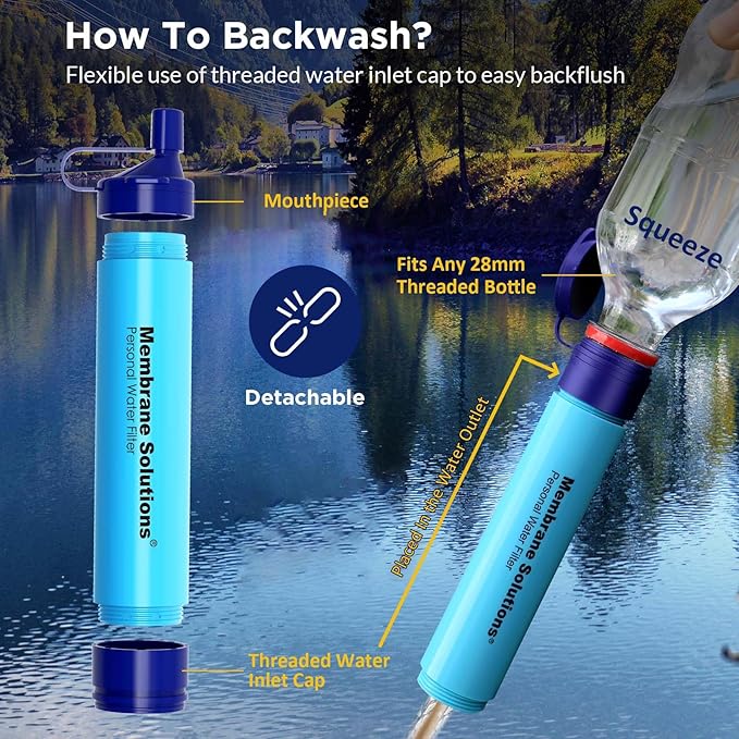 Membrane Solutions Upgrade 5 Stage Blue Water Filter Straw 6 Pack and Gravity Water Filter Pro 6L, 0.1-Micron Versatile Water Purifier Survival Gear and Equipment for Group Camping Emergency