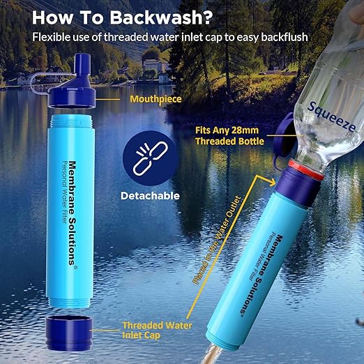 Membrane Solutions Personal Water Filter Straw with an Official Carry Case, Emergency Water Filter and Case Survival, Lightweight Water Purifier with Zip Lock Bag for Camping Hiking Gear(Blue)