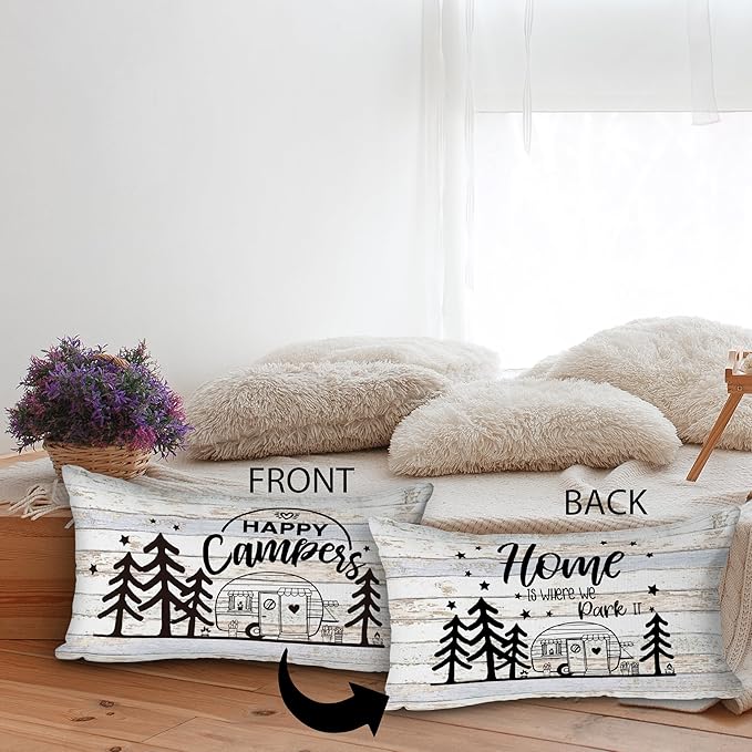 Happy Camper Home Is Where We Park It Reversible Throw Pillow Cover Case, Camping Lovers Gifts, Campers Gifts, RV Trailer Decor, 12 x 20 Inch Camper Linen Cushion Cover, Camping Room Bed Sofa Decor