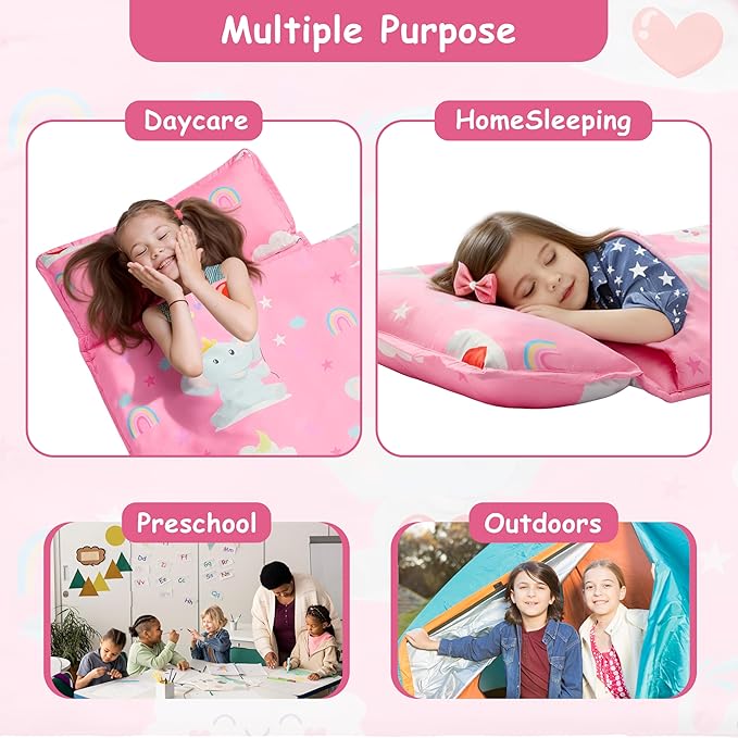 MORAIS Toddler Nap Mat with Pillow and Blanket, 52" x 20" Lightweight and Soft Nap Mat for Preschool, Daycare, Travel Sleeping Bags