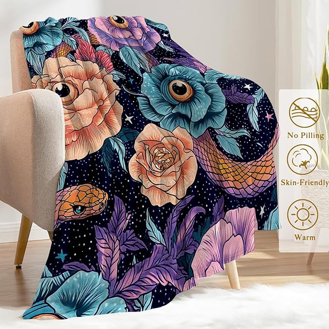 Gothic Evil Eye Floral Snake Fleece Blanket - Lightweight Soft Cozy Gifts Throw for Fantasy Lovers,Women,Adult,Goth Vivid Flower Starry Blankets,Home Room Modern Artistic Decor 60x80in