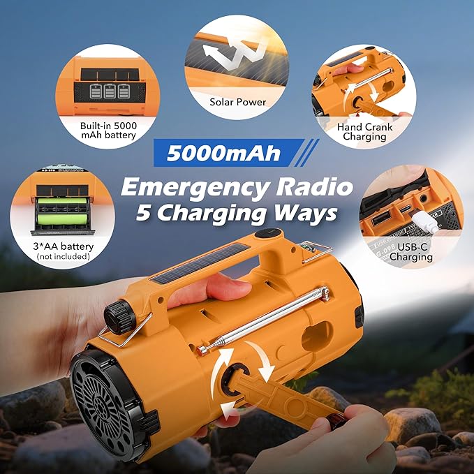 Emergency Radio NOAA Weather Alert FM/AM/SW, Hand Crank Radio with Replaceable Battery, Solar Power/USB-C Charging, Headphone Jack, Sleep Timer Clock, SOS Alarm for Camping/Outdoors