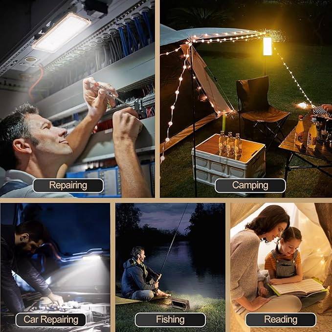 Solar Rechargeable Work Light with Power Bank & Battery Indicator, 178 LED Portable Flood Light with Magnetic Base, 4 Modes IP44 Waterproof Job Site Lamp for Camping, Fishing, Car Repair (Gold Body)