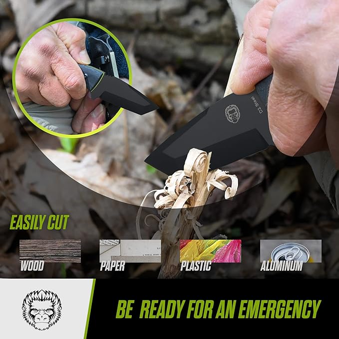 Holtzman's Gorilla Survival Tanto Fixed Blade Neck Knife with Kydex Sheath & Ferro Rod (Black+Green) - Ideal for Outdoor Activities and Everyday Carry
