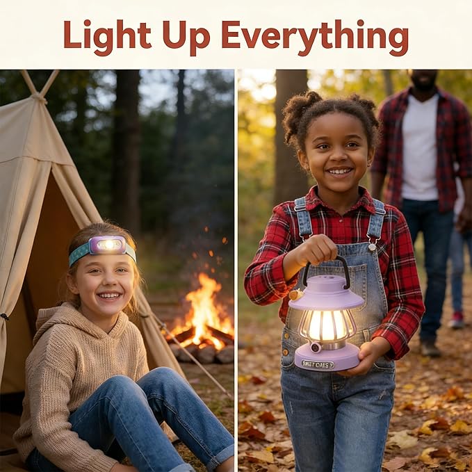Kids Camping Light Set - Rechargeable Lantern & Motion Sensor Headlamp with USB-C Charging, 3 Color Dimmable Night Light for Boys Girls Indoor Outdoor Adventures (Purple)