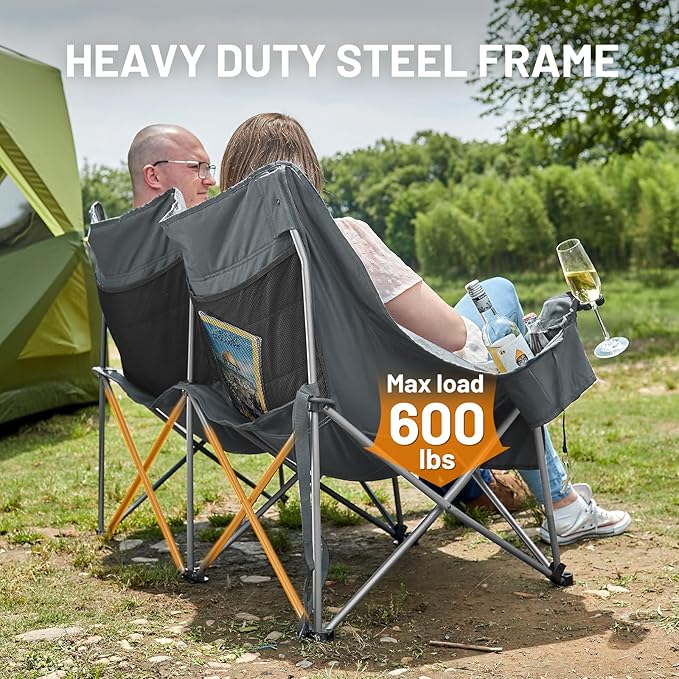 Timber Ridge 600 lbs Double Camping Chair, Ultra-Wide Heavy Duty Outdoor Folding Camp Couch, Loveseat Camping Chairs Perfect for Campsites, Patio/Lawn, Soccer Games or Other Youth Sports, Supports