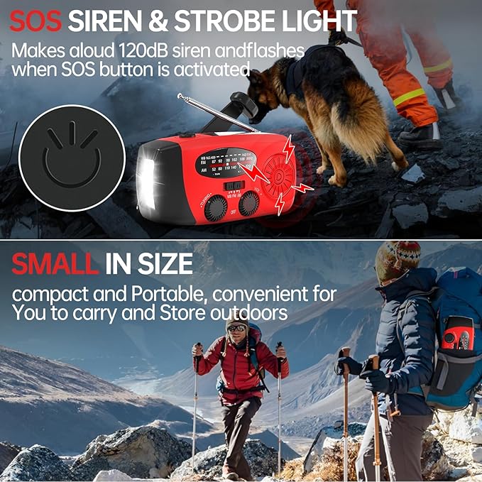 Solar Hand Crank Emergency Weather Radio,NOAA/AM/FM Portable Radio with 3 LED Flashlight 2000mAh Power Bank Cellphone Charger