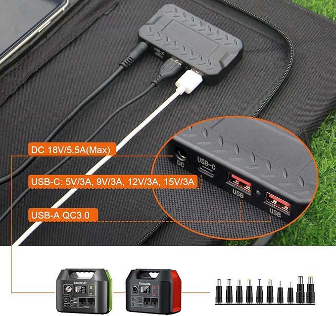 EnginStar 100W Foldable Solar Panel w/ 18V DC Outlet for Portable Power Stations EnginStar/Jackery/Rockpals/Flashfish, Portable Solar Generator with USB-A USB-C QC 3.0 for Outdoor Camping Van RV Trip