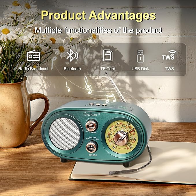 Oncheer Portable Retro Vintage Bluetooth Speaker Radio, FM/AM/SW 3 Band, Adjustable Antenna, Battery Powered, Support TF Card, USB Playing Music, Home Decor Gifts for Friends Family -Greencolor