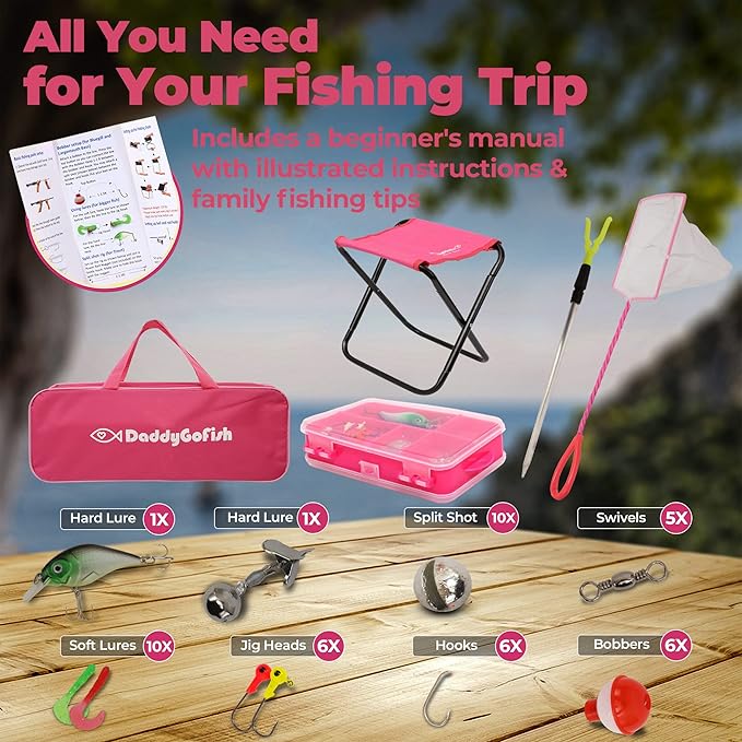 DaddyGoFish Kids Fishing Pole - Rod Reel Combo Tackle Box Starter Set - First Year Small Dock Gear Kit for Boys Girls Toddler Youth Age Beginner Little Children Junior Anglers