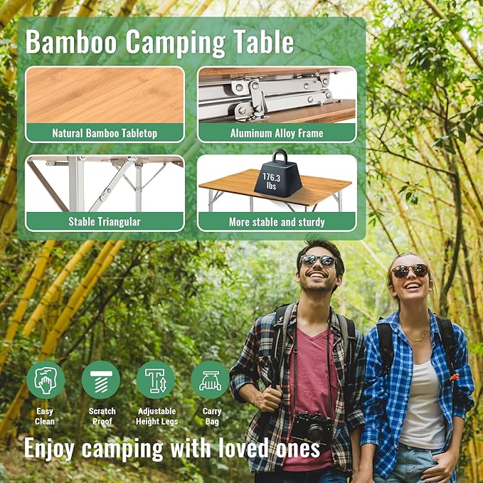 KingCamp Adjustable Height Folding Table, 4-Fold Bamboo Camping Outdoor Portable RV Camp Table with Carry Bag for Outdoor Car Backyard Picnic Tailgating Beach