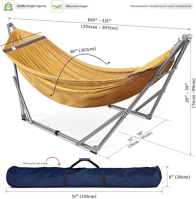 Tranquillo Adjustable Portable Hammock with Stand, Collapsible Camping Hammock, 650 lbs Capacity 2 Person Hammock with Stand, 30 Seconds Assembly Foldable Hammock Travel, Yellow