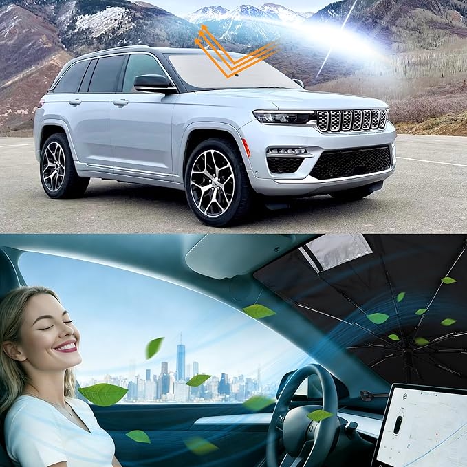 Windshield Sun Shade Umbrella Custom Fit 2021-2024 2025 Jeep Grand Cherokee L/Jeep Grand Cherokee SUV Accessories Front Window Sunshade Sun Visor Protector Blocks Rays