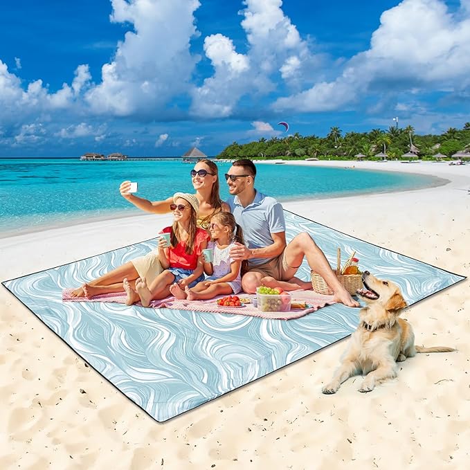 HIHOHO Beach Blanket Waterproof Sandproof Beach Mat for 1-8 Adults Quick Drying Durable Outdoor Picnic Mat for Beach Festival Travel Camping Hiking (Ocean Wave-Dark BL, 79"×83"(4 Person))