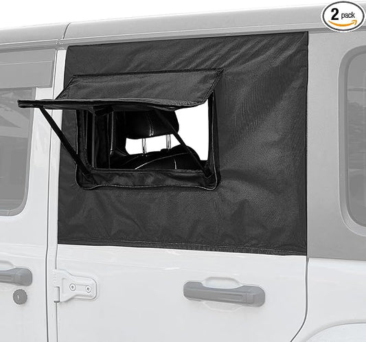 JOYTUTUS Rear Wrangler Side Window Sun Shade Rain Cover Camping Window Insect Mesh Screens Compatible with 2007-2026 Wrangler JK JL 4 Doors Gladiator JT, Car Window Covers for Privacy Blackout 2 Pcs