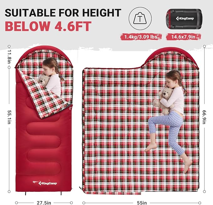 KingCamp 45°F Kids Sleeping Bag, Lightweight Waterproof & Compact Flannel Sleeping Bags Cold Weather & Warm Youth Essentials Gear Accessories for Camping, Fits 10-12 Children up to 4'7"-5'5" Tall
