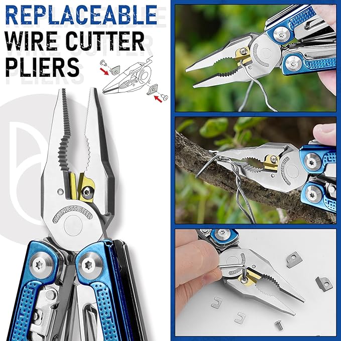 BIBURY Multitool Pliers BI2049BL with Blue Titanium Handle, EDC Multi Tool with Replaceable Wire Cutter, Full-Size Scissors and Screwdirver Set, Heavy Duty Hand Tool for DIY, Repair, Camping, Survival