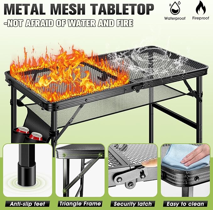 Ciavca Upgraded Folding Grill Table - Metal Portable Camping Table, 2 Height Adjustable Max 22", Lightweight Foldable for Outside BBQ 24"x15.8"