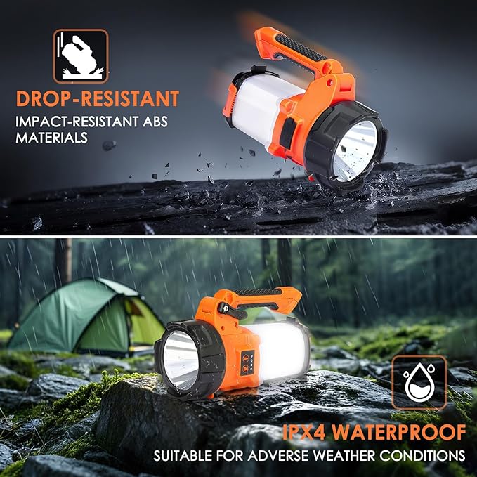 BOBKID Tripod Rechargeable Camping Lantern, 6 Modes LED Flashlight Handheld Spotlight with 4000LM, IPX4 Waterproof Searchlight Work Light for Emergency Hiking Survival Kit - Orange