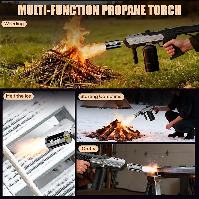 KOACKL Powerful Propane Torch, Blow Torch with Adjustable Flame, Flamethrower Kitchen Torch Burner Gas Welding Kits for Grill, BBQ, Searing Steak, Camping & Charcoal Torch Lighter(Tank Not Included)