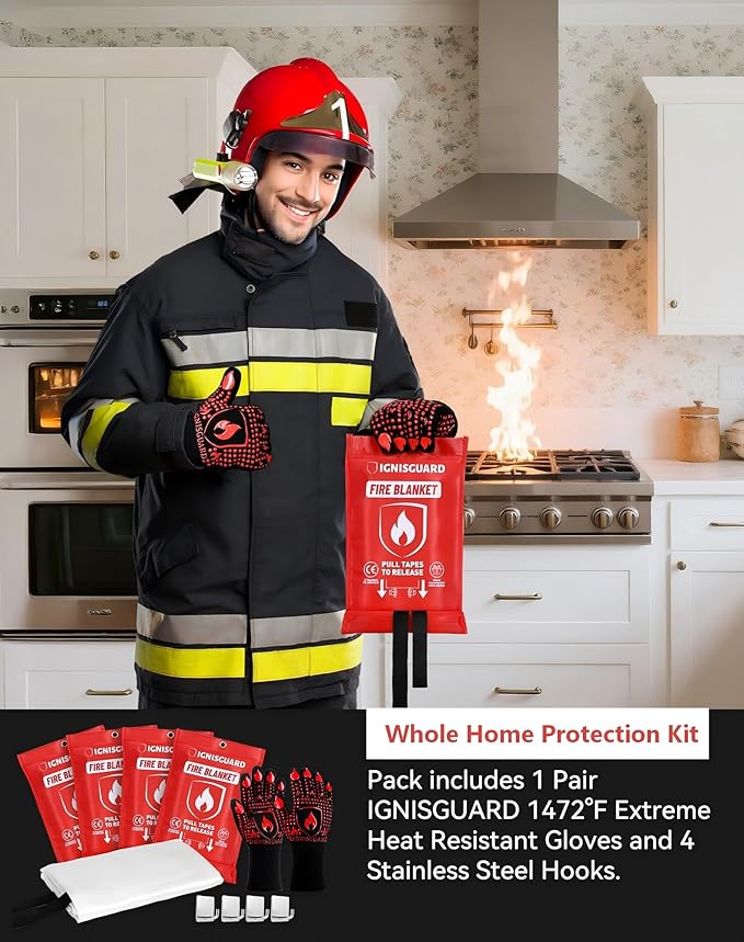 Fire Blankets 4 Pack, 40x40in with 1 Pair Fire Resistant Gloves & 4 Hooks, Fiberglass Fire Blankets Emergency for Home and Kitchen, Suppressant for Grease & Electrical Fires, RV, Camping