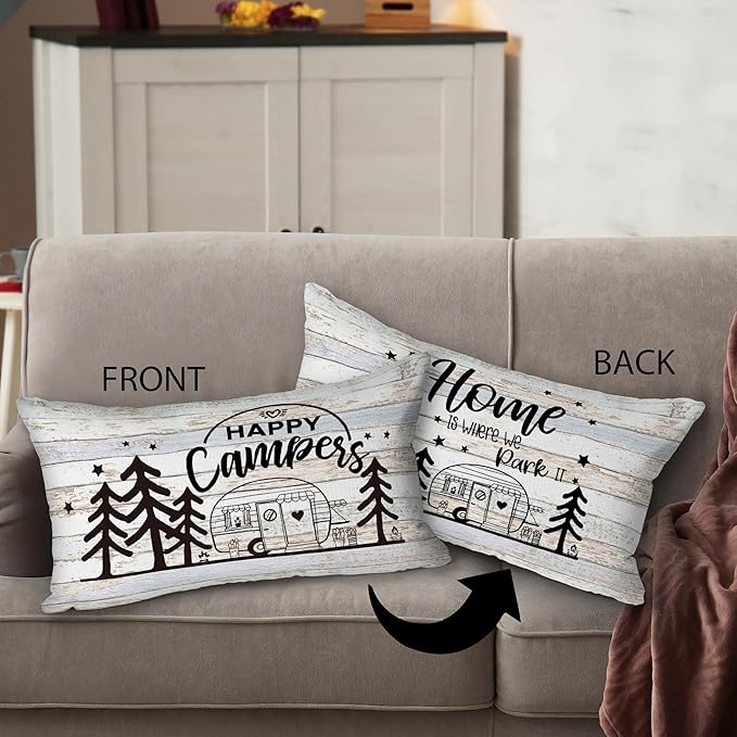 Happy Camper Home Is Where We Park It Reversible Throw Pillow Cover Case, Camping Lovers Gifts, Campers Gifts, RV Trailer Decor, 12 x 20 Inch Camper Linen Cushion Cover, Camping Room Bed Sofa Decor