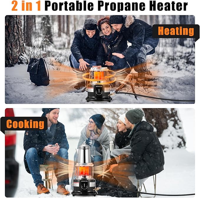 2-in-1 Portable Propane Heater and Stove 13000 BTU Dual Function for Indoor & Outdoor Use Compact Design with Carry Handle for Camping, Garage, Patio, Ice Fishing, Emergency, Black