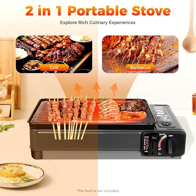 Portable Gas Grill Butane Stove, Portable Camping Grill Gas Stove Portable Tabletop bbq Grill Free Standing BBQ Grill with Grilling Net Carry Case for Camping Traveling Outdoor Cooking