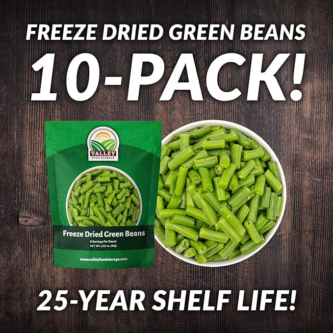 Valley Food Storage Freeze Dried Green Beans | 10-Bag Bucket, 28.2 oz | Premium Emergency Food Supply, 25 Year Shelf Life | Non-GMO Prepper Food for Camping, Cooking & Long-Term Storage, Packaged in USA