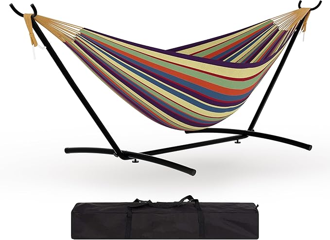 Garvee Instant Setup Hammock with Reinforced Steel Frame, Portable Outdoor Hammocks for Garden Camping, Heavy Duty Garden Yard Outdoor 350 LBS Capacity, Rainbow Stripes