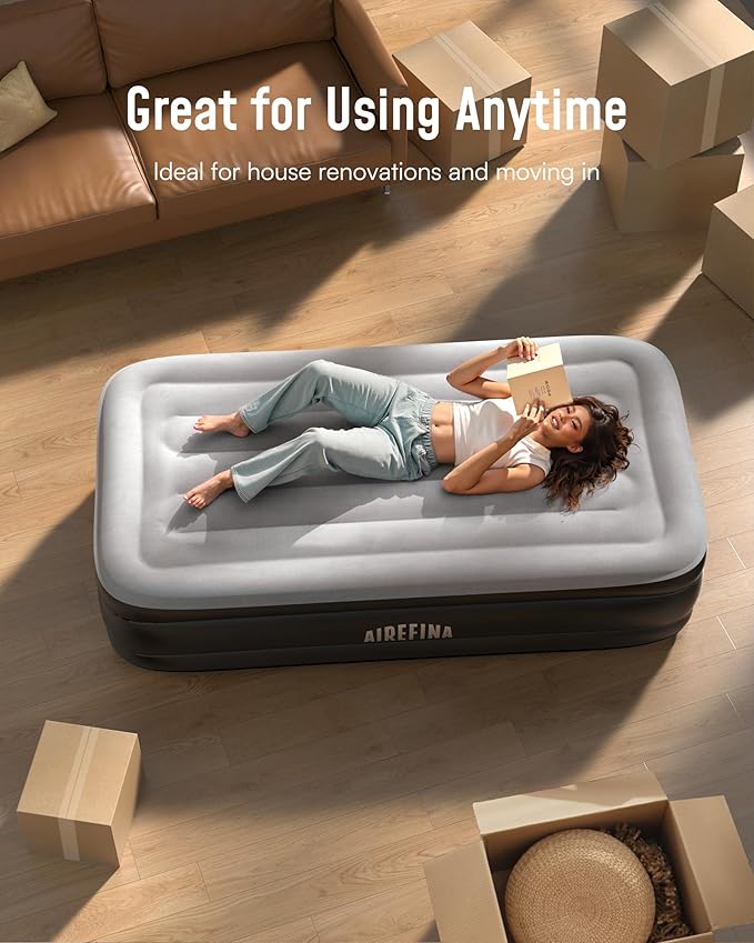Airefina Twin Air Mattress with Built-in Pump, Upgraded 18" Raised Blow Up Air Bed, Fast 2-Min Self-Inflation, Comfortable Inflatable Mattress for Home Guest & Camping, Incl. Carry Bag & Repair Kit