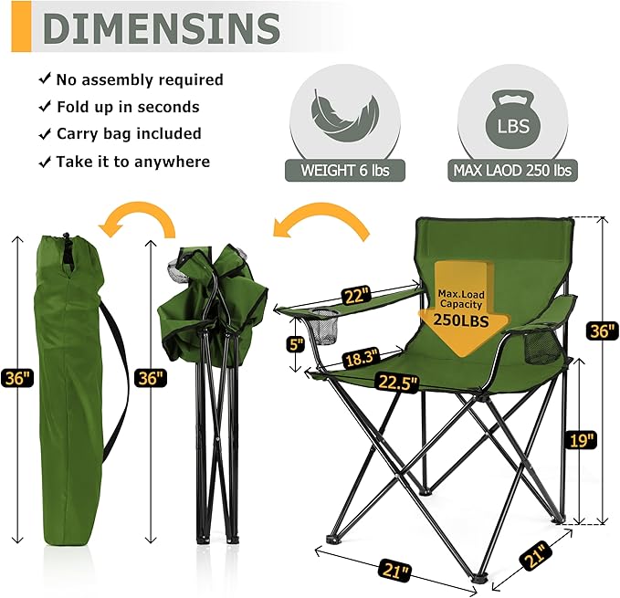Joyfair Portable Camping Chair, Outdoor Lawn Folding Chairs for Adults, Heavy Duty Large Foldable Chairs for Beach, Fishing, Tailgating and More Outdoor Sport, Carry Bag & Cup Holder