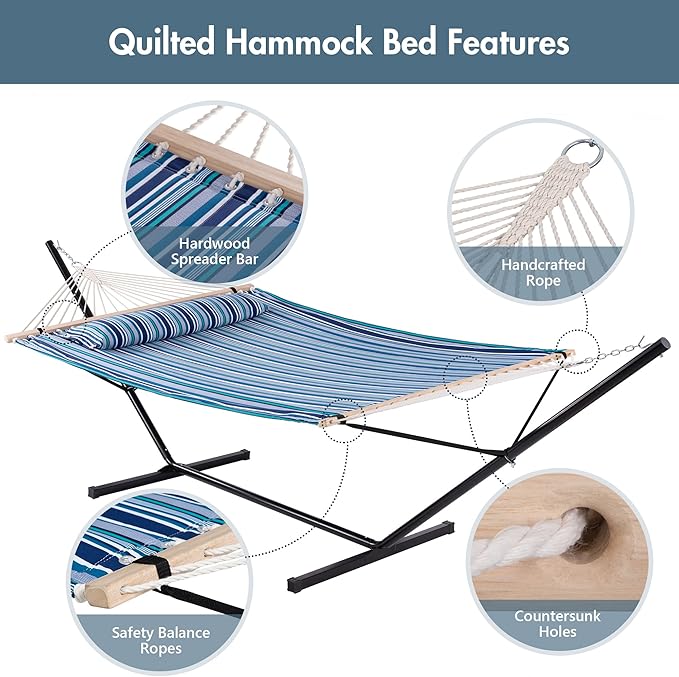 ANOW Double Hammock with Stand 12FT, Heavy Duty Hammock with Stand for Outdoors, 450 LBS Weight Capacity, Blue Stripes